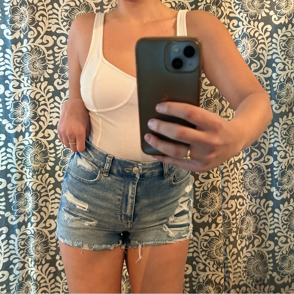 American Eagle Outfitters Ne(X)T Level Curvy High Waisted Denim Short Shorts.